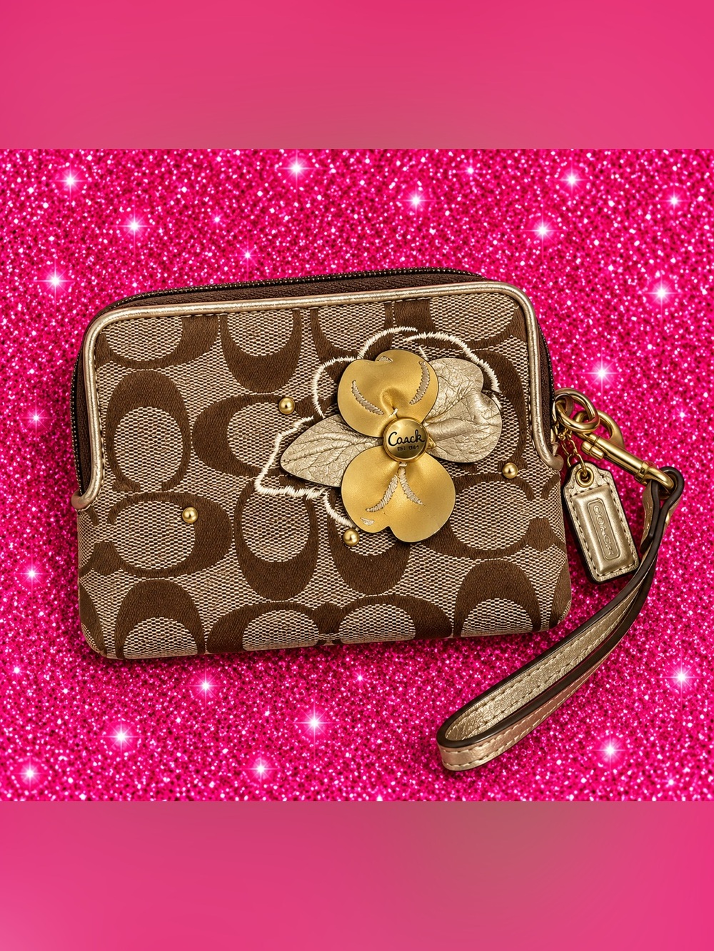 Coach Brown Signature Floral Wristlet with Gold Accents